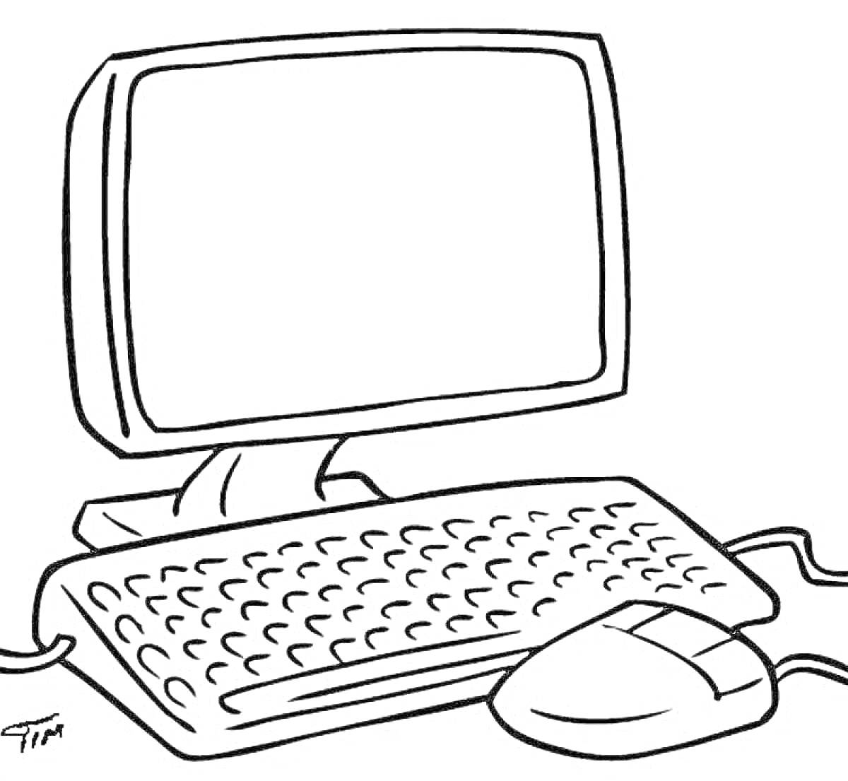 На раскраске изображено: Компьютер, Монитор, Клавиатура, Мышь, Техника, Электроника, Линии, Контурные рисунки
