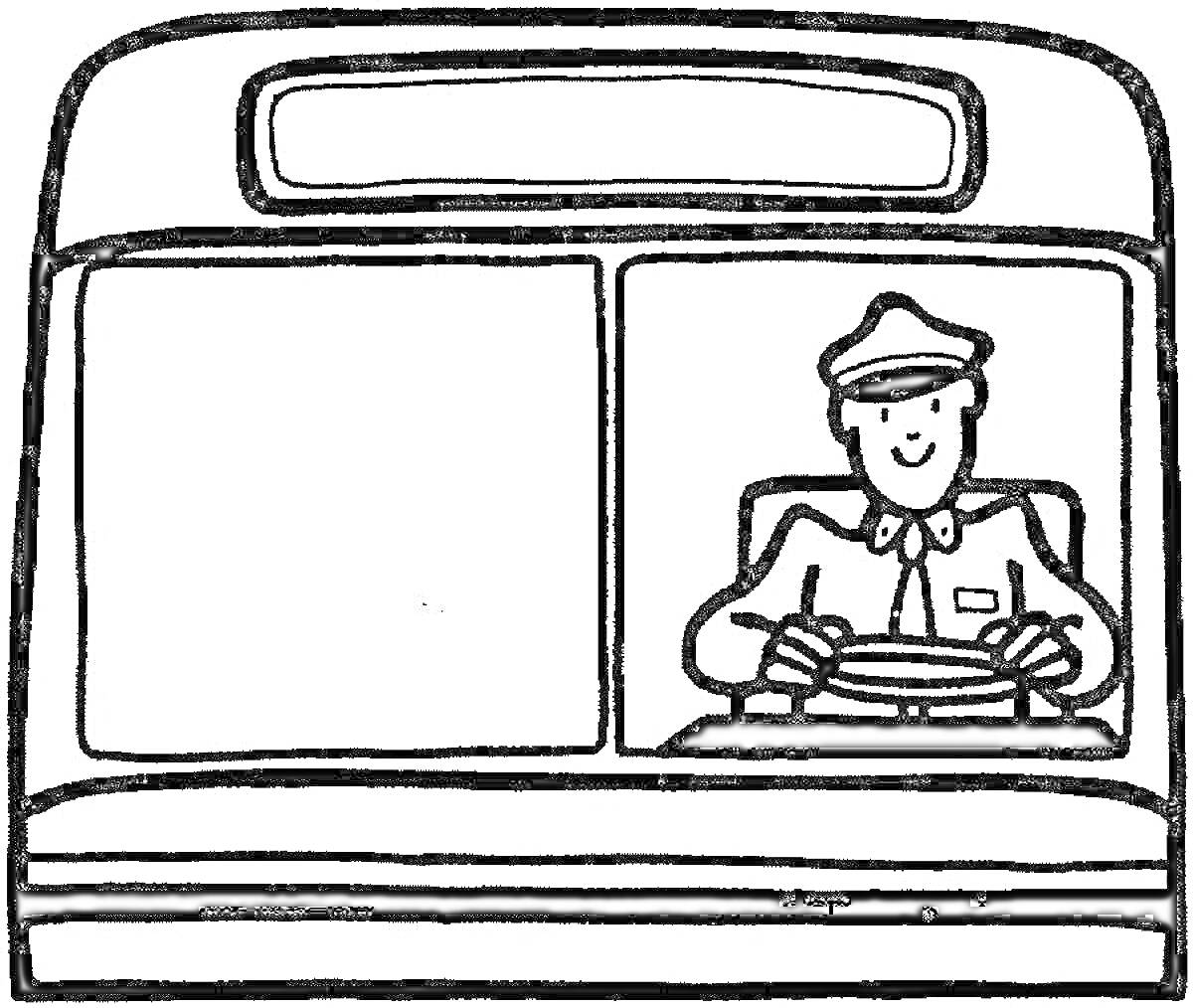 На раскраске изображено: Водитель, Автобус, Руль, Форма, Шляпа, Транспорт, Профессия, Окна