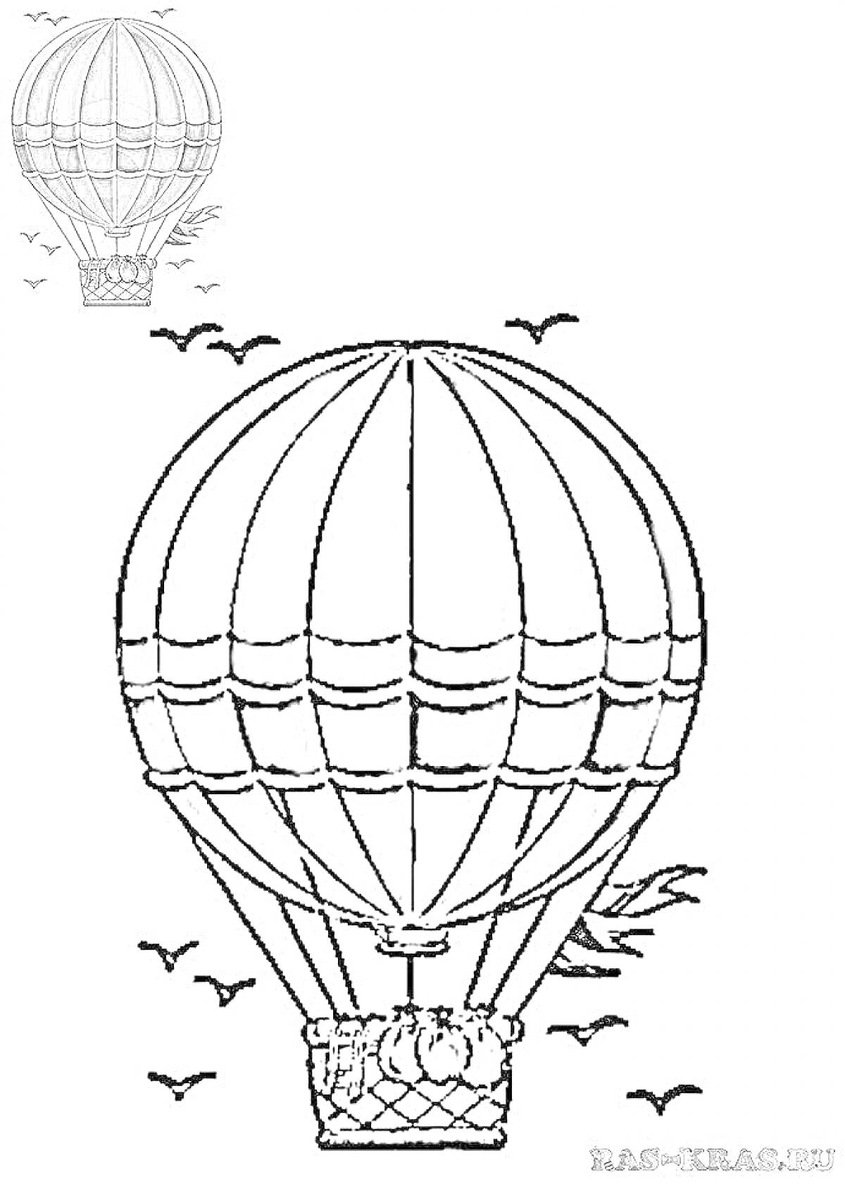 Раскраска Воздушный шар с корзиной, птицы
