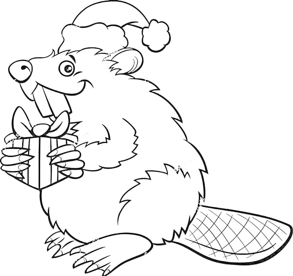 Раскраска Бобр в шапке Санты с подарком
