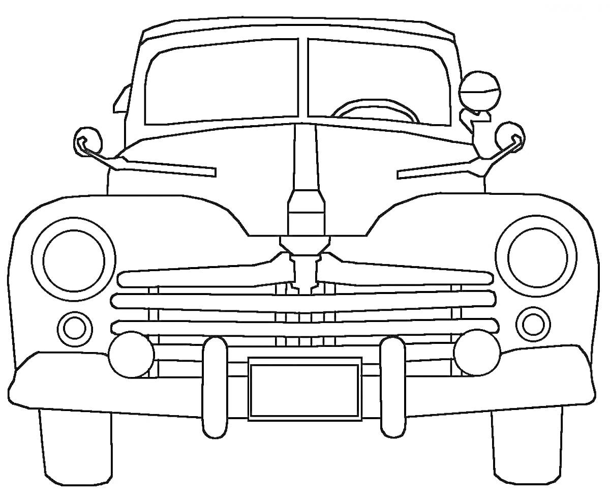 Раскраска Фронтальный вид старинного автомобиля с фарами, радиаторной решеткой и зеркалами заднего вида