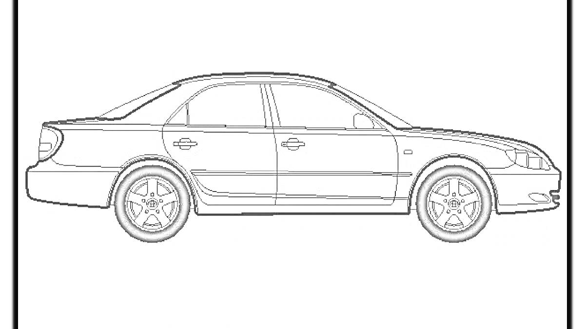Раскраска Контурная раскраска автомобиля Камри, показан вид сбоку с деталями кузова, дверей, колес и окон