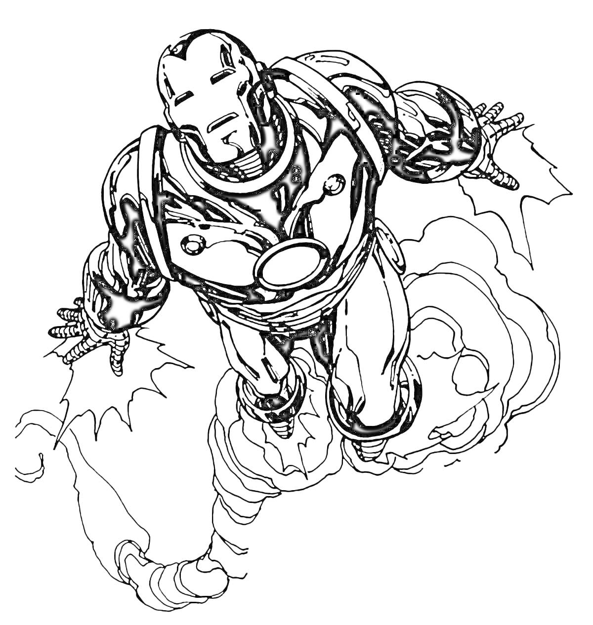 На раскраске изображено: Железный человек, Полет, Супергерой, Марвел, Комикс