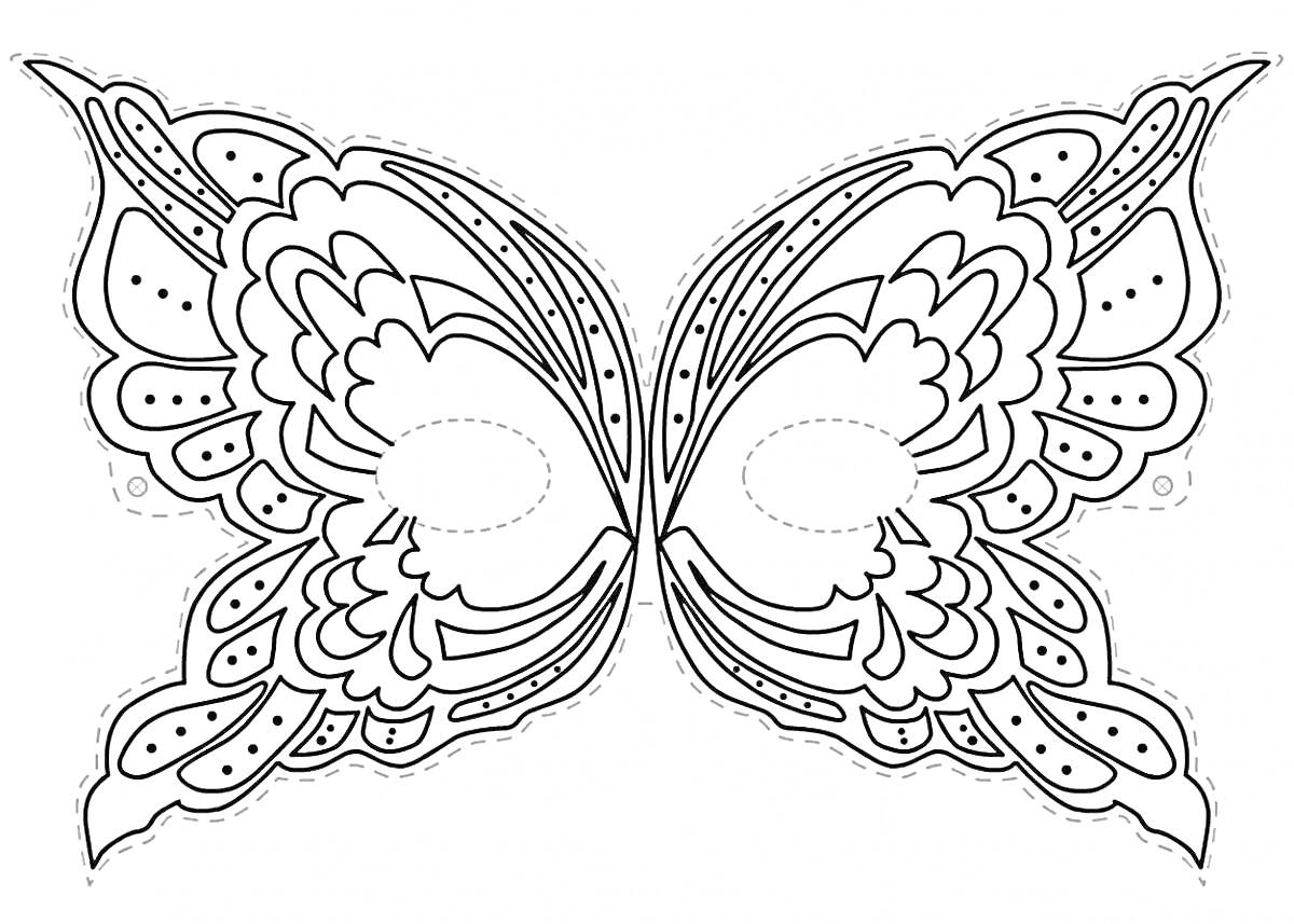 Раскраска Маска в виде крыльев бабочки с узорами и линиями для раскрашивания