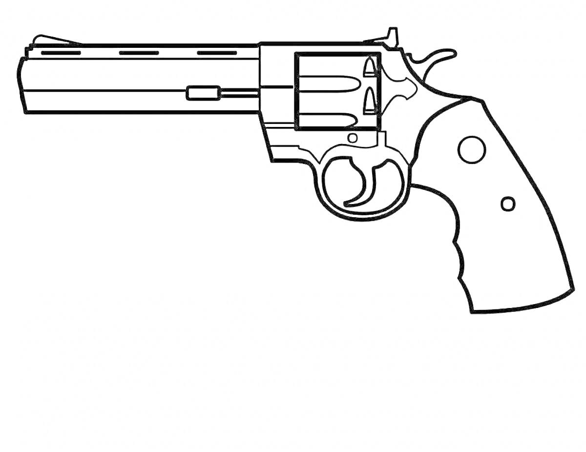 Раскраска Револьвер с длинным стволом, курком и барабаном.