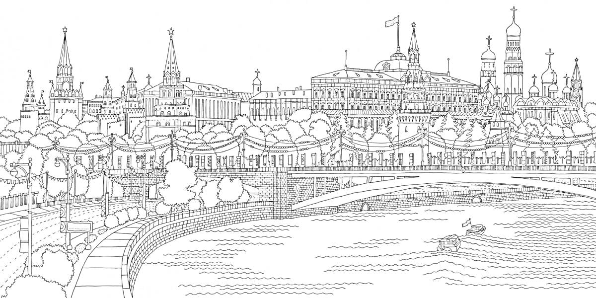 На раскраске изображено: Казань, Кремль, Река, Мост, Деревья, Архитектура, Исторические здания, Россия