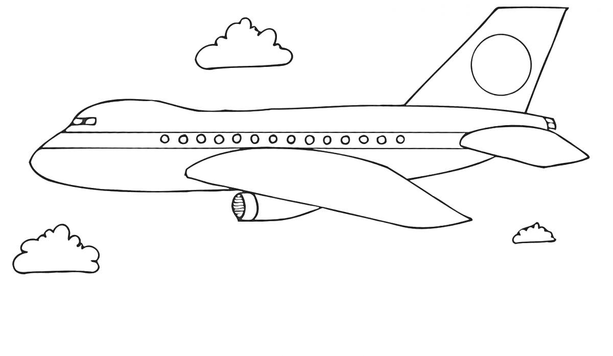 На раскраске изображено: Облака, Транспорт, Авиация, Небо, Крылья, Иллюминаторы, Хвост