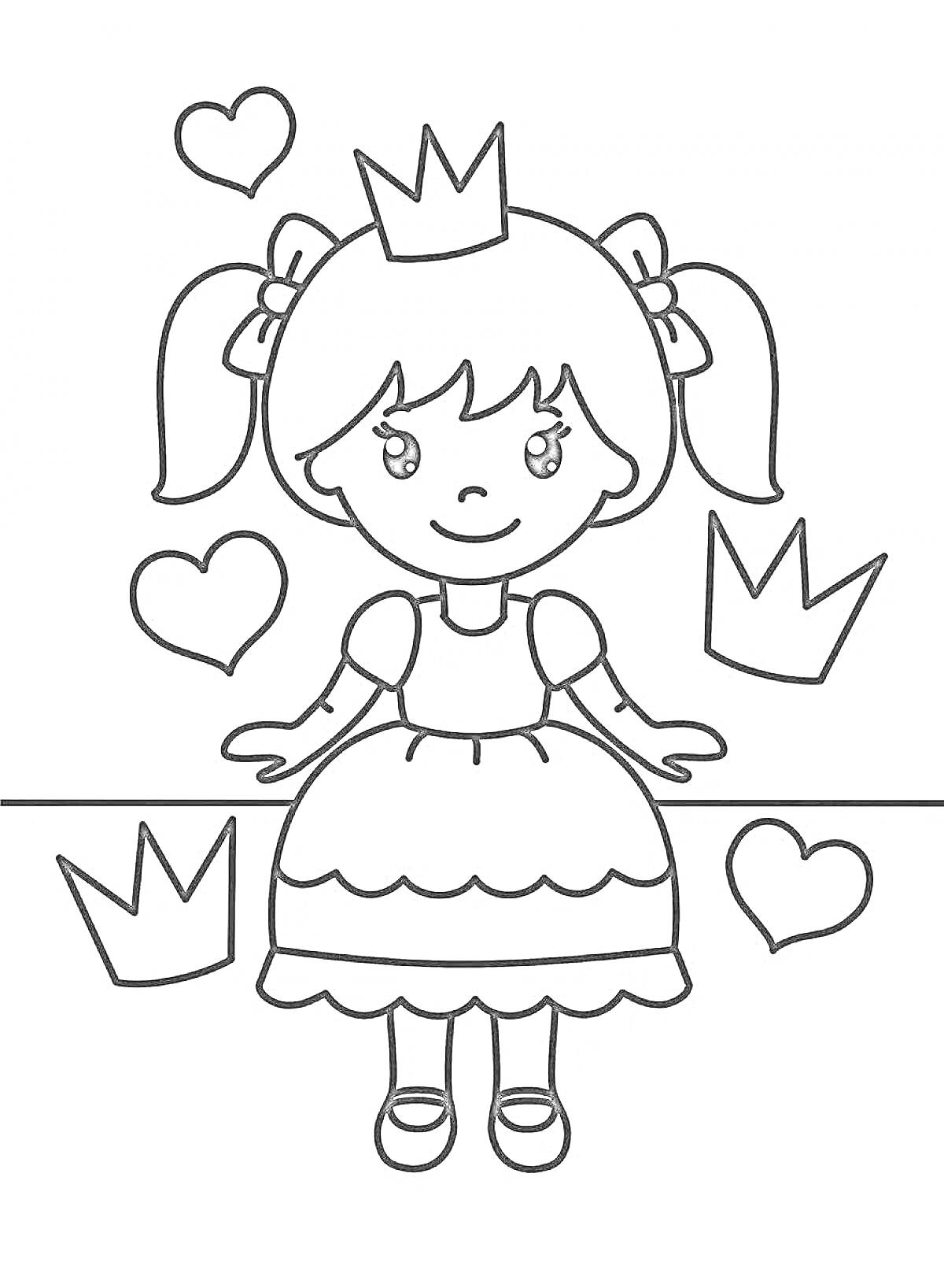 Раскраска Девочка-принцесса с коронами и сердечками