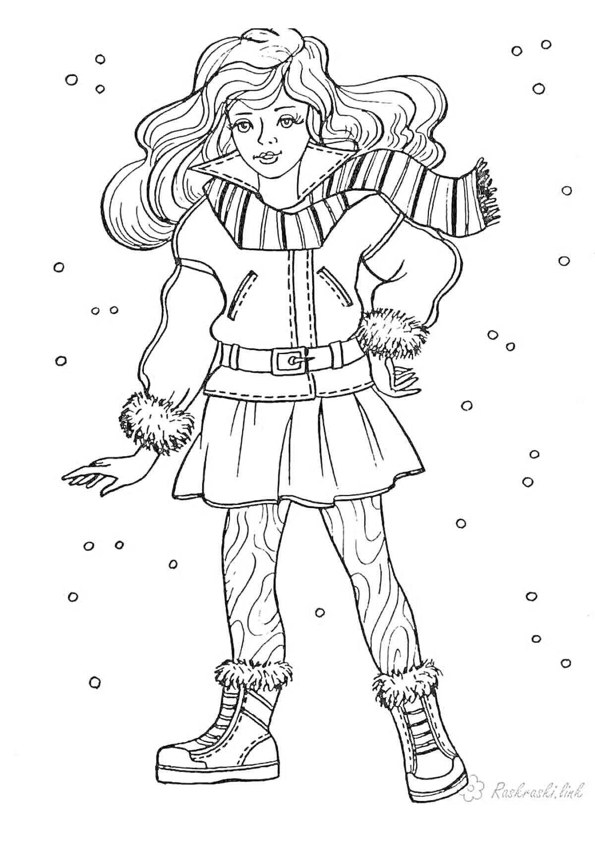 Раскраска Кукла в зимней куртке с меховыми манжетами, юбке, шарфе и сапогах с меховой отделкой, среди падающих снежинок
