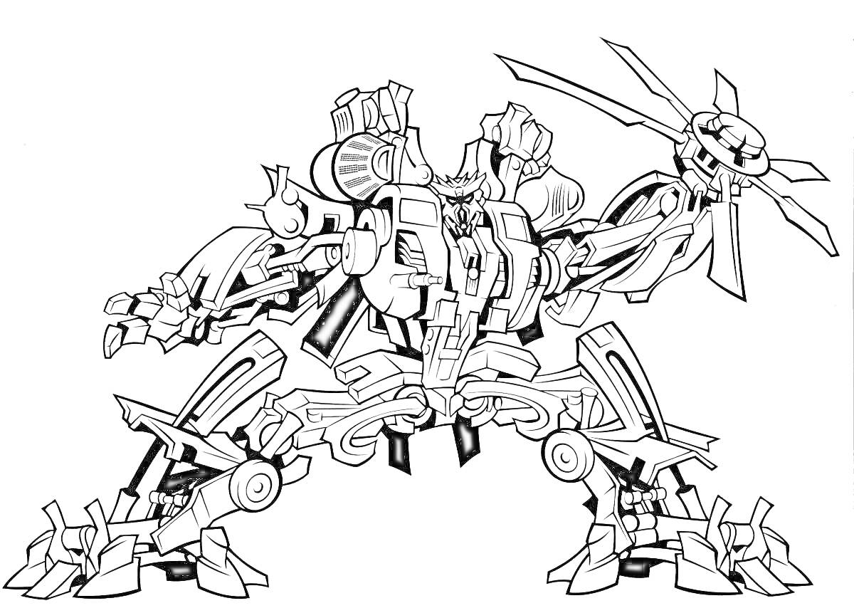 На раскраске изображено: Трансформеры, Робот, Мех, Боевой робот, Оружие, Анимация, Детское творчество, Лезвие, Механизмы, Авто