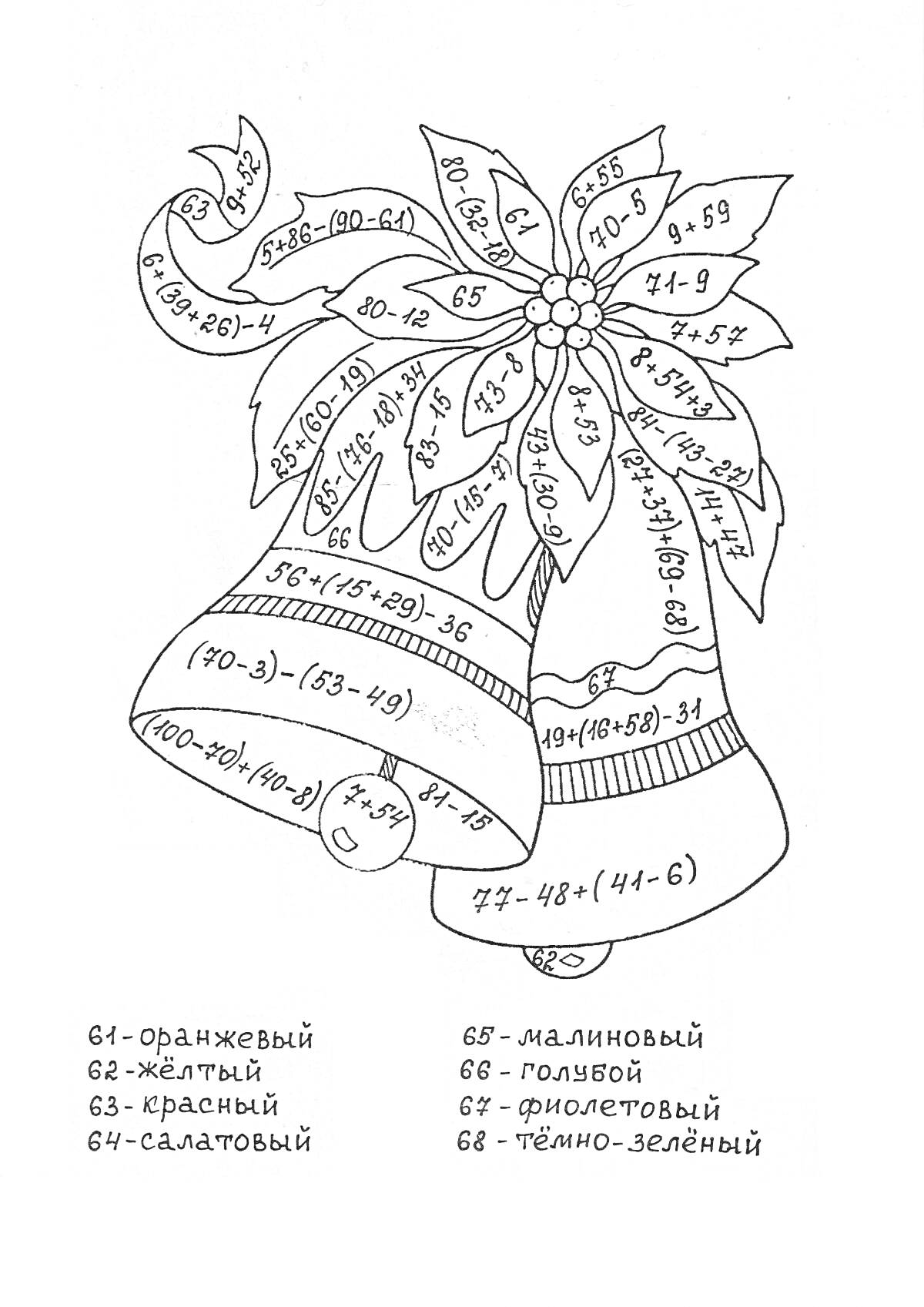 Раскраска Раскраска по математическим примерам с колокольчиками и цветами.