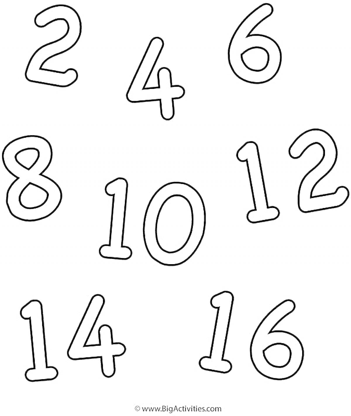 Раскраска Набор цифр для раскраски от 2 до 16 (2, 4, 6, 8, 10, 12, 14, 16)