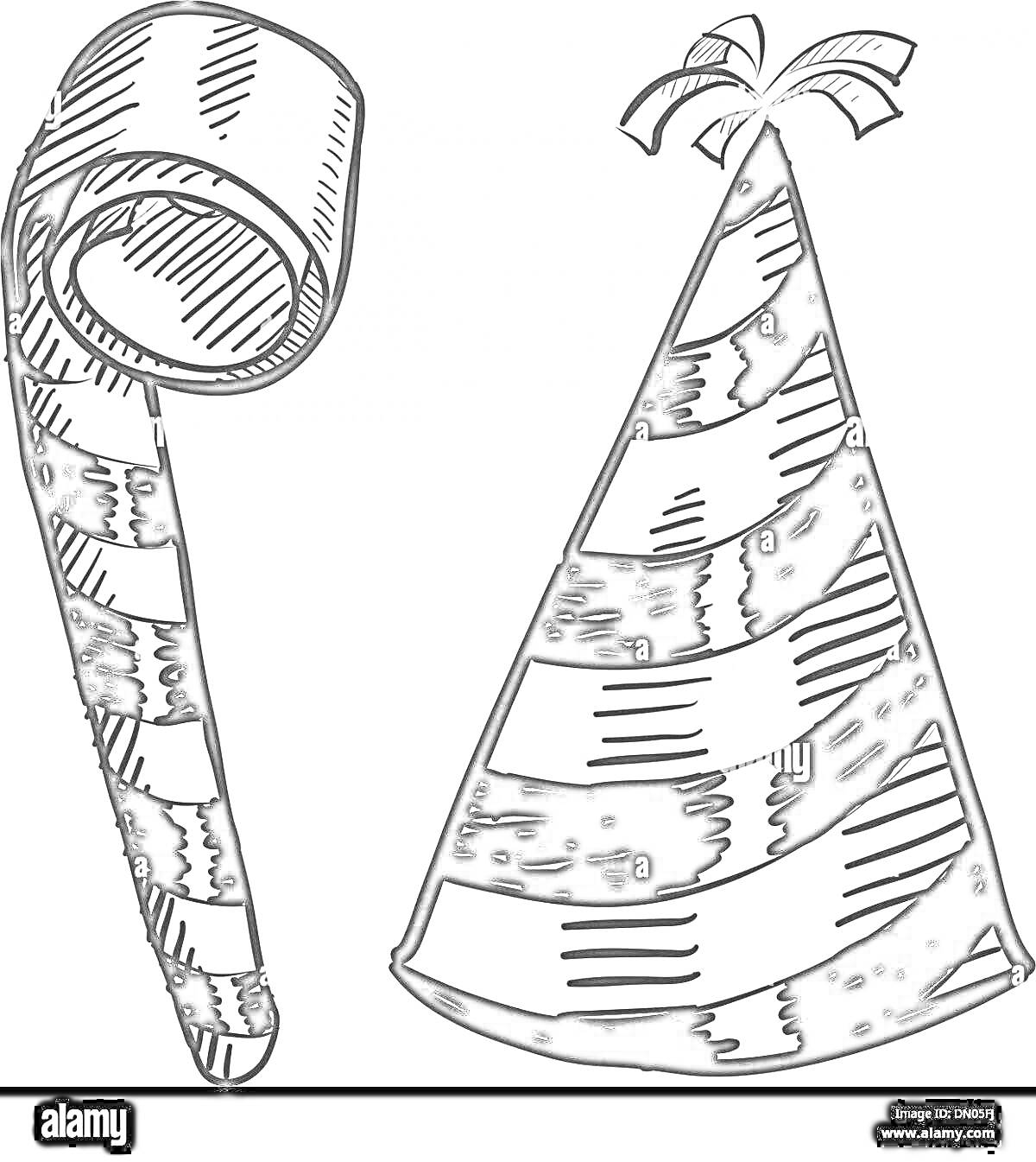 Раскраска Полосатая карнавальная дудка и полосатый праздничный колпачок с помпоном