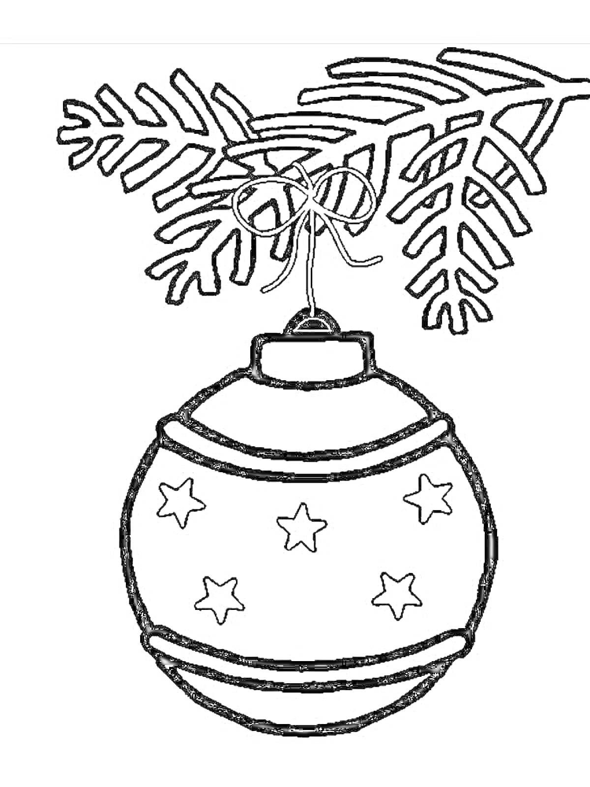 Раскраска Еловая ветка с елочной игрушкой-шаром и звездочками