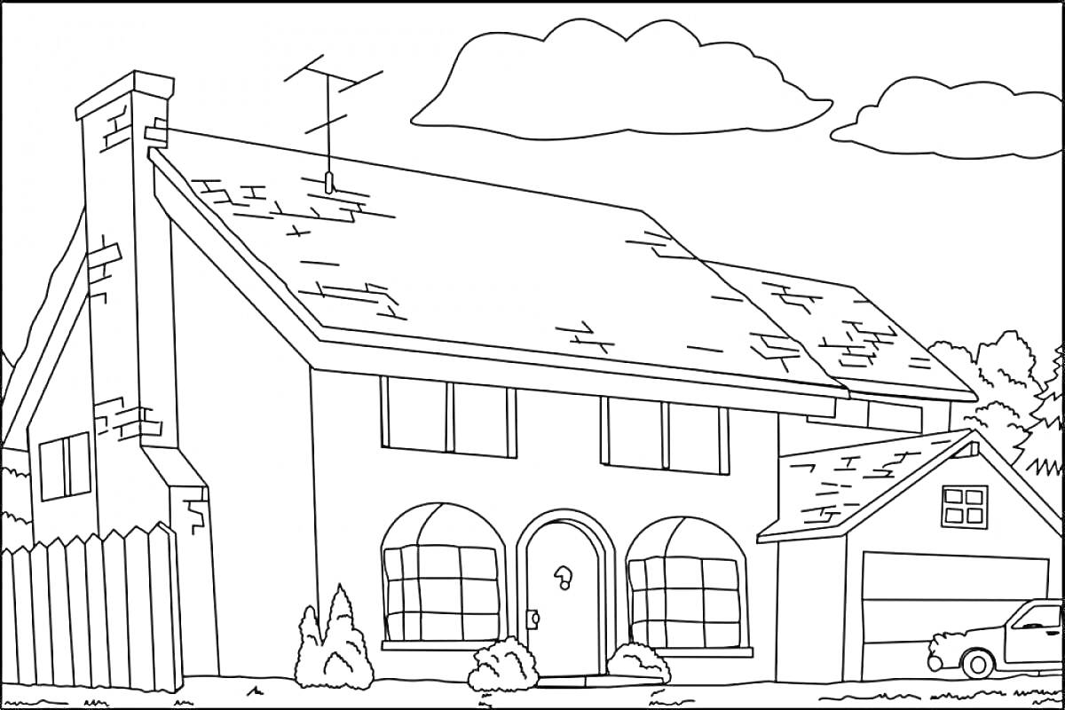 Двухэтажный дом с гаражом, антенной, забором, деревьями, кустами и машиной на фоне облаков