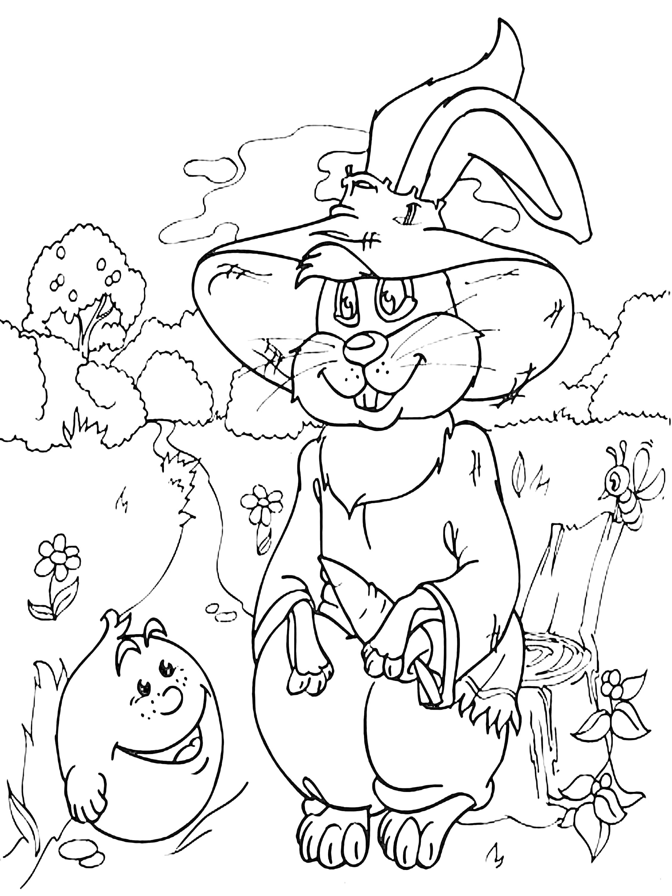 На раскраске изображено: Заяц, Колобок, Шляпа, Природа, Цветы, Пень, Деревья, Лес, Творчество, Для детей