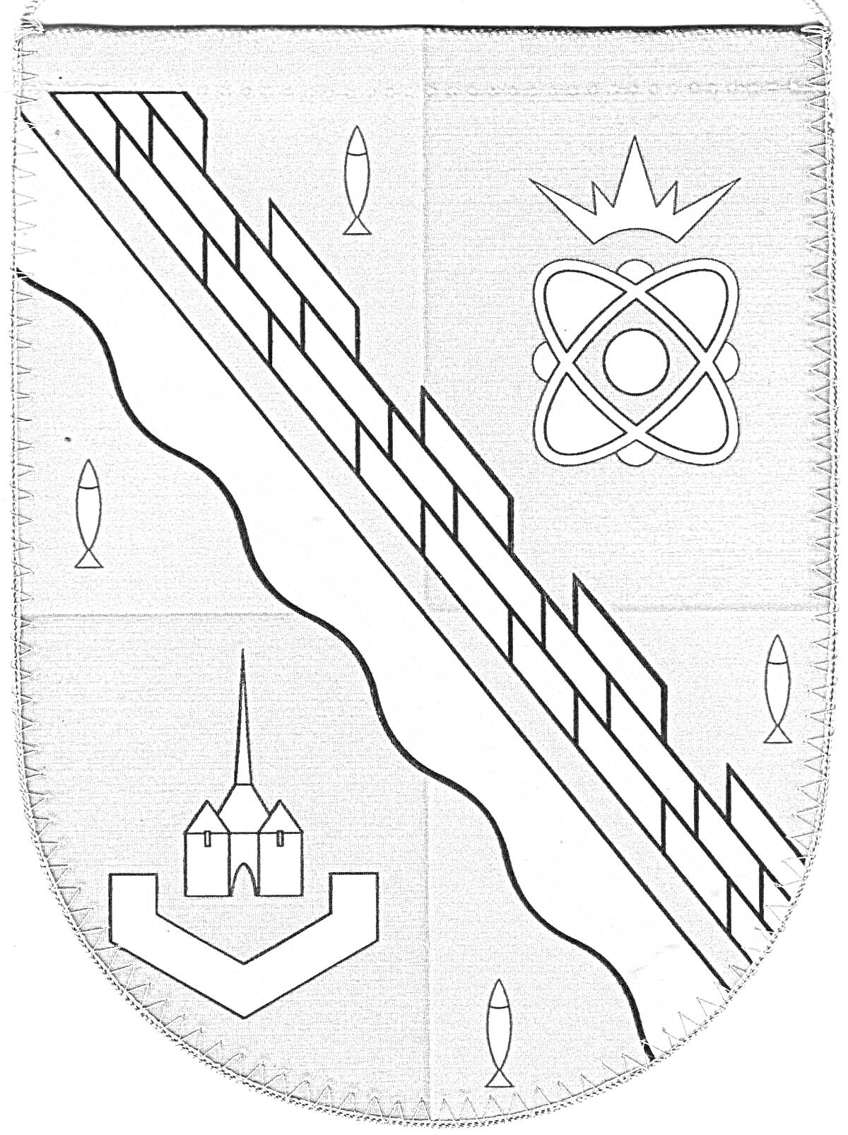 Раскраска Герб Ленинградской области с мостом, атомным символом и церковью