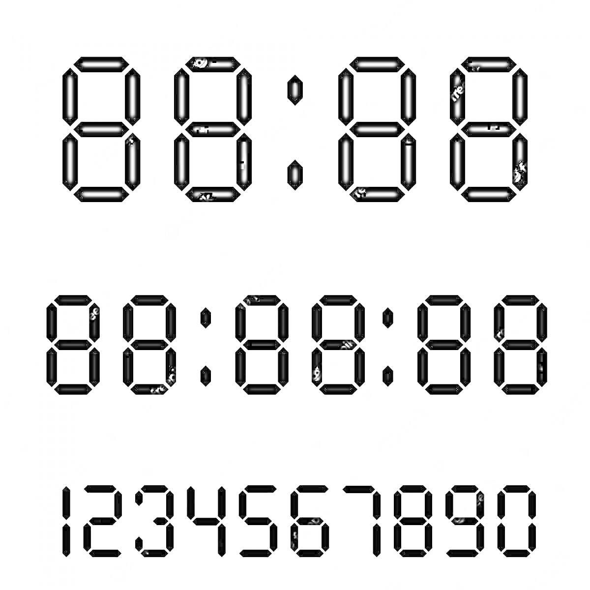 Электронные часы с изображением 88:88, 88:88:88 и числами от 0 до 9