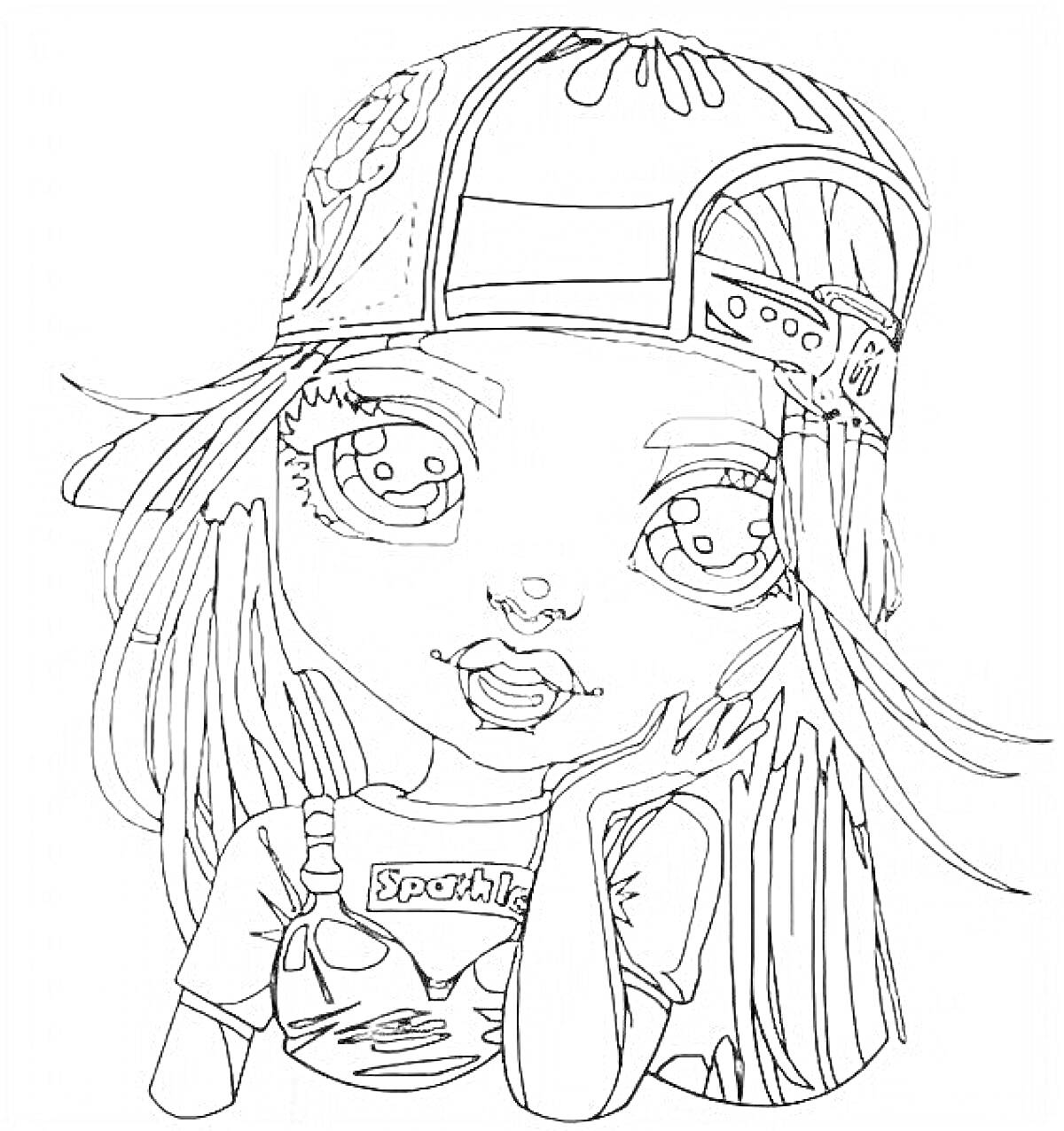 Раскраска Девочка в кепке с длинными волосами, футболка с надписью 