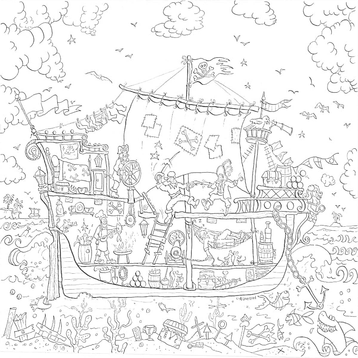 Раскраска Корабль-пират с картой, море, облака, сокровища, обитатели моря