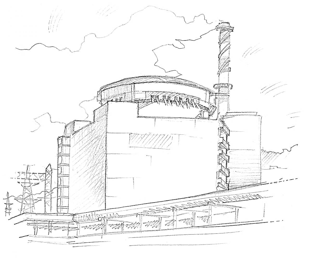 Здание Чернобыльской атомной электростанции с дымоходом и электрическими столбами