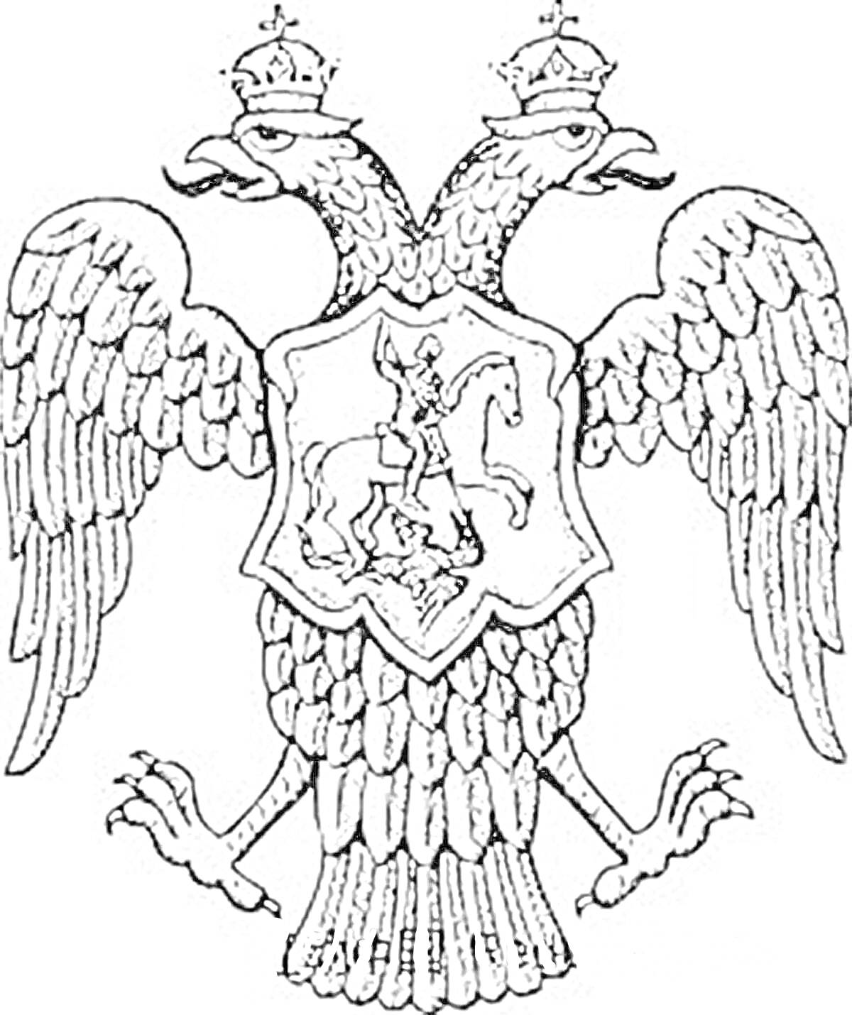 Раскраска Двуглавый орел с коронами, держащий щит с изображением всадника на коне