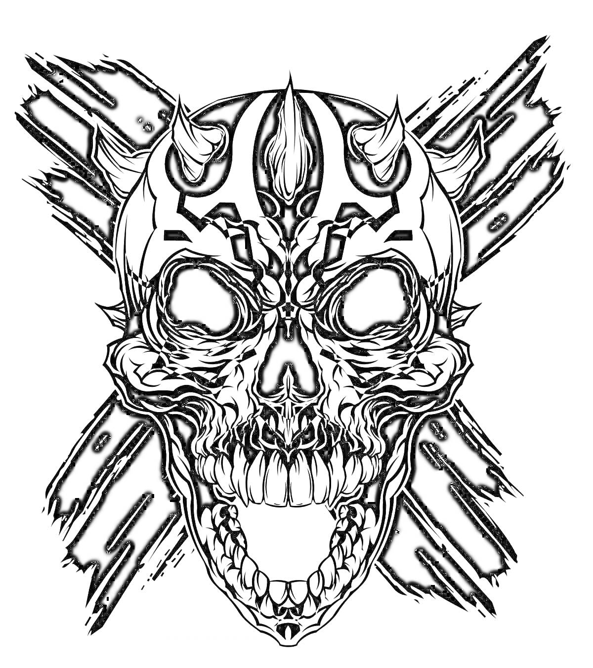 Раскраска Череп демона с рогами и татуировками в стиле Дарт Мола на фоне перекрещенных полос
