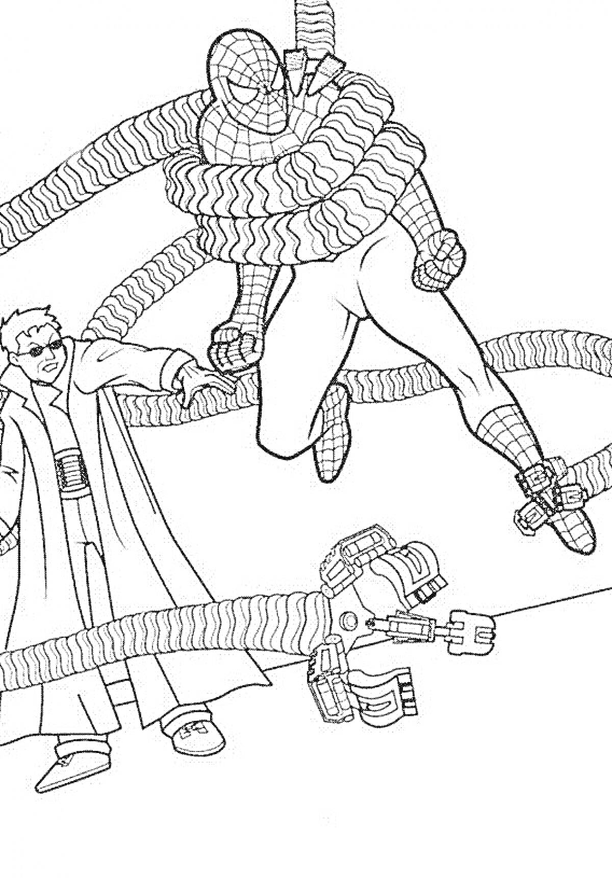 Раскраска Человек-паук, пойманный Доктором Осьминогом тентаклями в бою