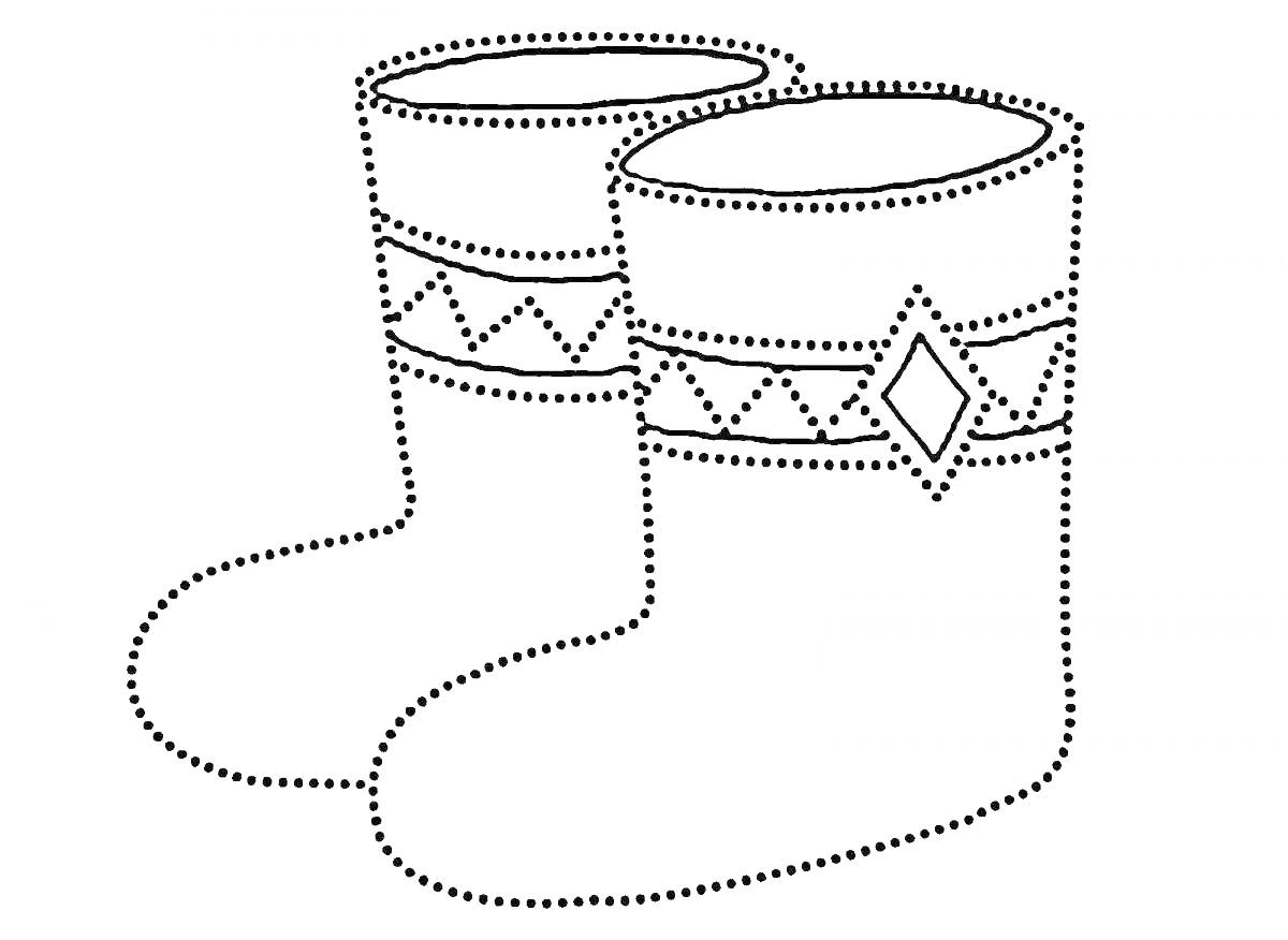 На раскраске изображено: Валенки, Обувь, Декоративный узор, Волнистые линии, Зимняя обувь, Ромбы