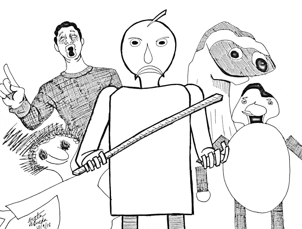 Раскраска Персонажи видеоигр с палкой, ножом и выражением страха