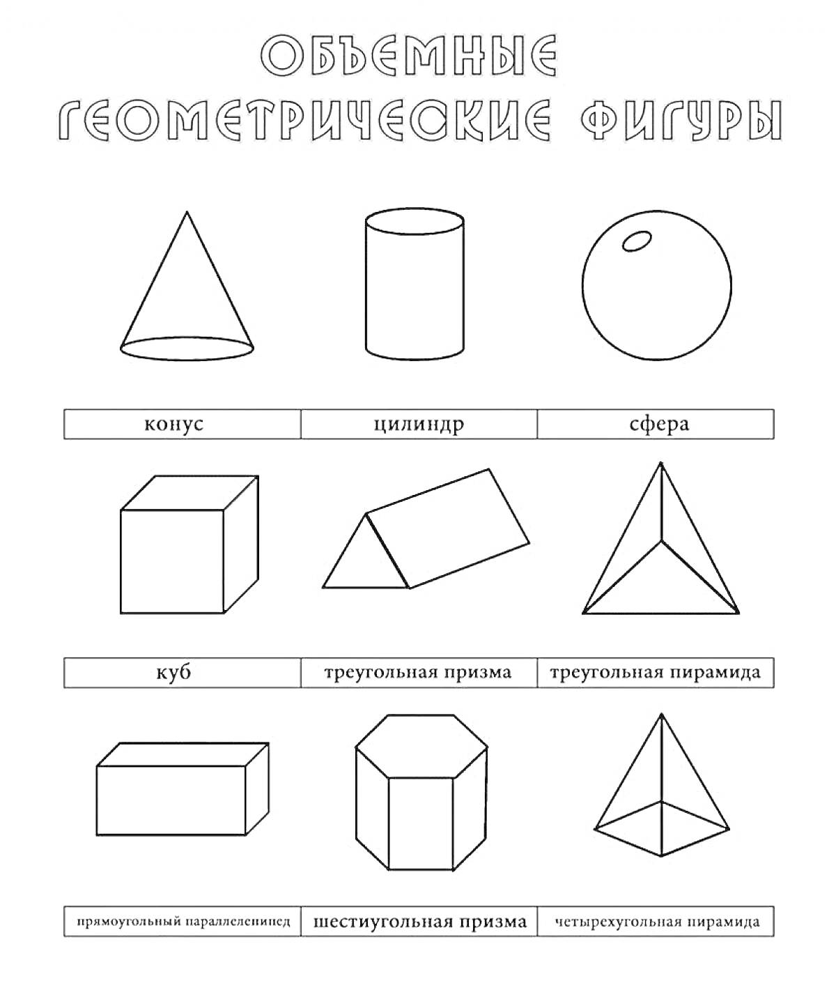 На раскраске изображено: Объёмные фигуры, Геометрия, Конус, Цилиндр, Сфера, Пирамида