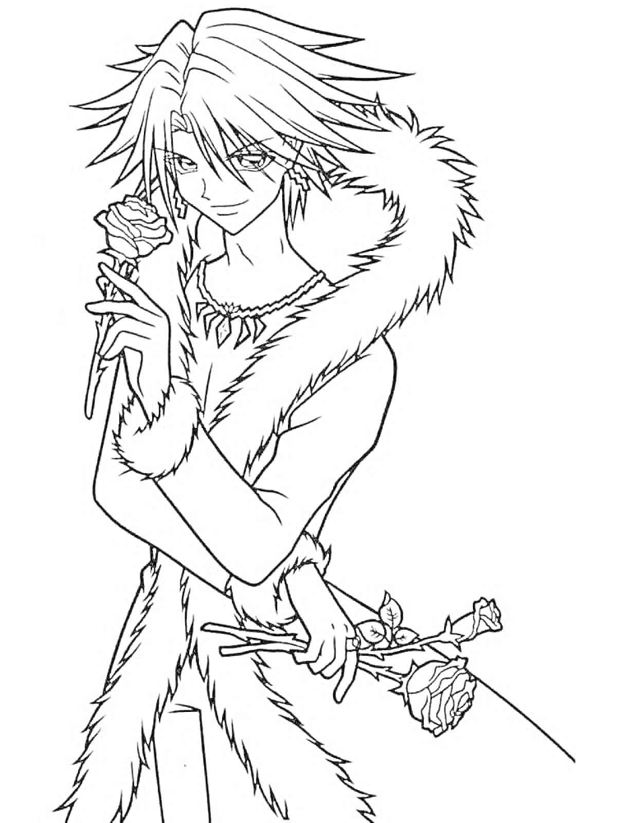 Раскраска Аниме парень в меховой куртке с розами