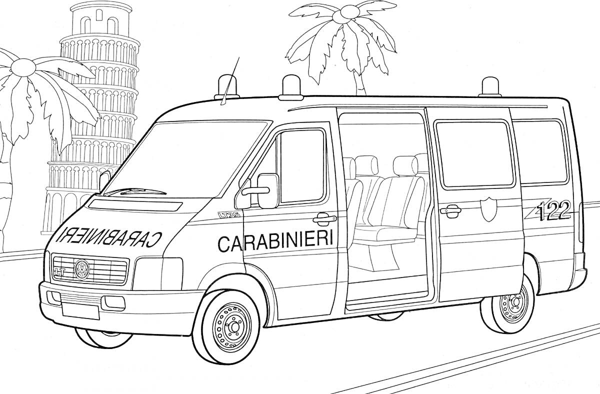 На раскраске изображено: Фургон, Пальмы, Транспорт, Италия, Полиция, Для детей, Улицы