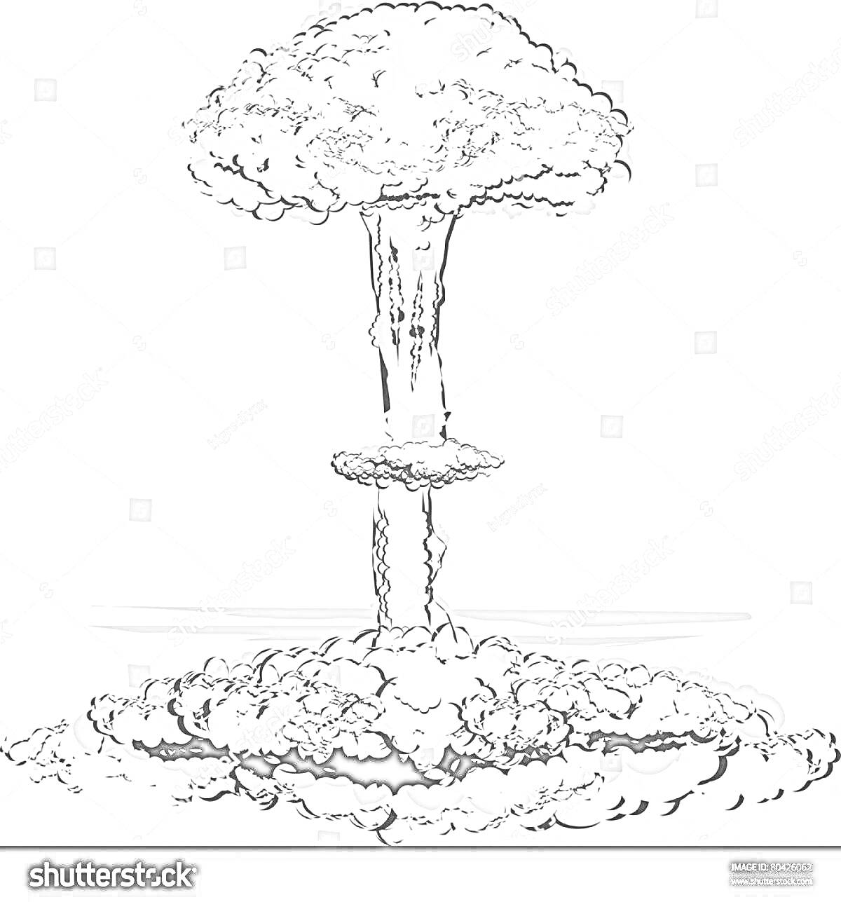 Раскраска Ядерный взрыв с образованием грибообразного облака, детальное изображение волн давления и пыли вокруг эпицентра