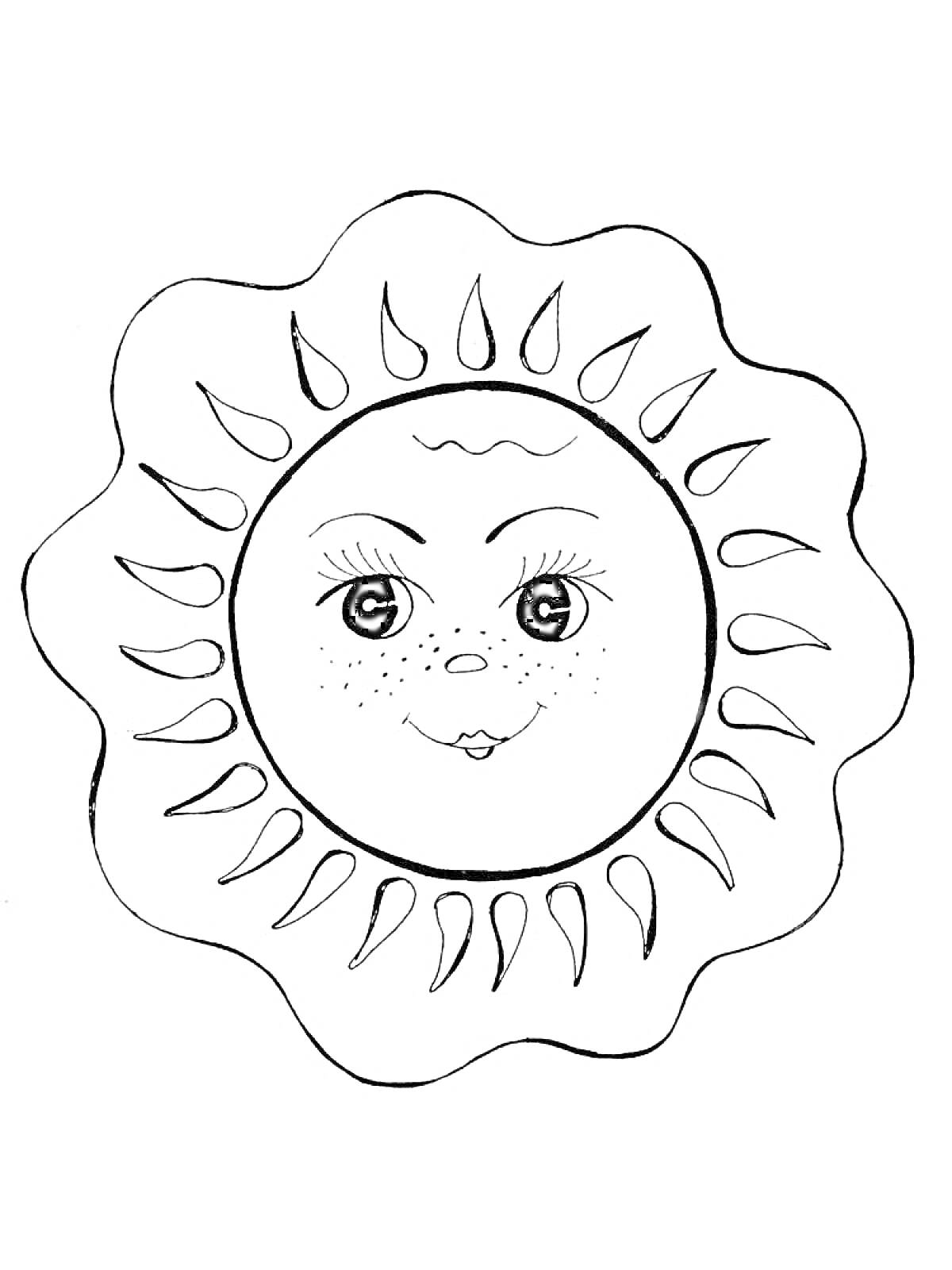 На раскраске изображено: Лицо, Лучи, Улыбка, Глаза, Ресницы, Солнце, Для детей, Контурные рисунки