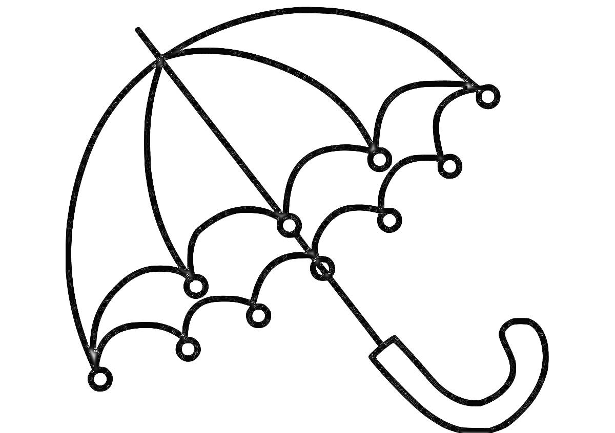 На раскраске изображено: Зонт, Изогнутая ручка, Завитки, Декоративные элементы, Спицы, Дождь