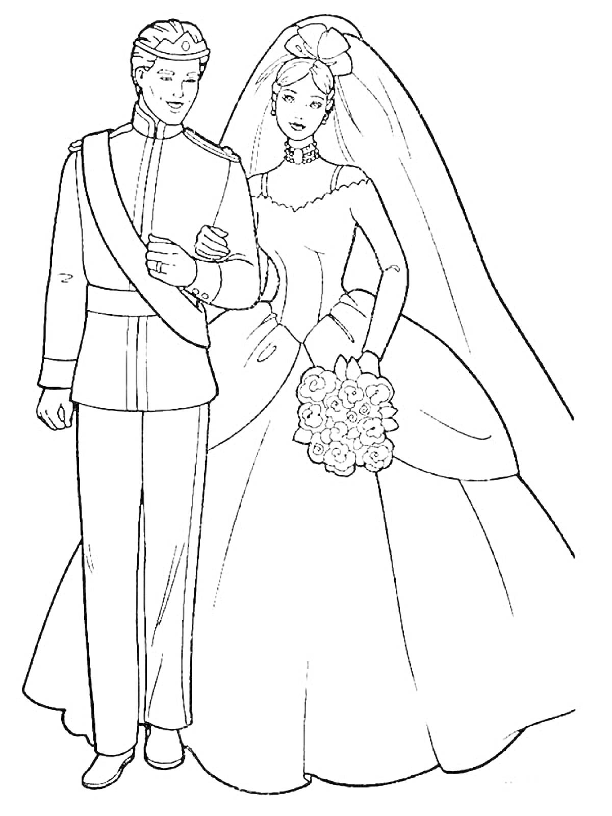 На раскраске изображено: Жених, Невеста, Свадьба, Свадебное платье, Букет цветов, Костюм