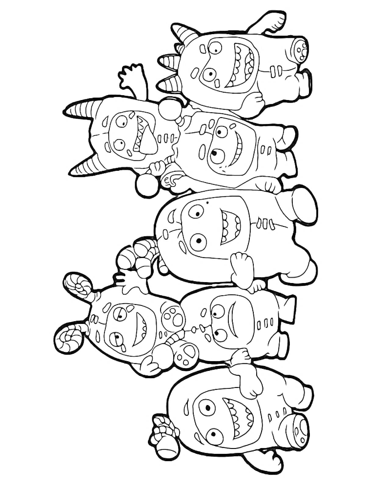 Раскраска Группа чудиков с ушами, рожками и большим количеством глаз