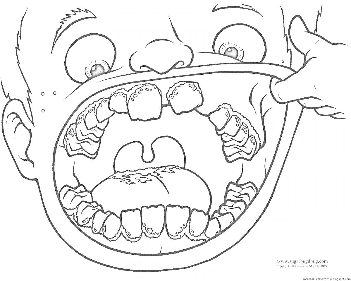 Раскраска Ребенок с открытым ртом, показывающий зубы