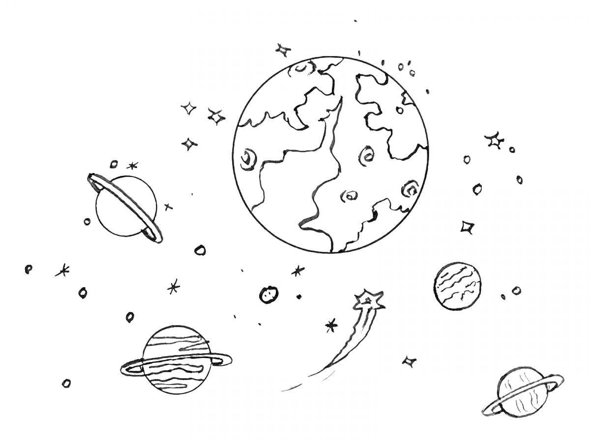 На раскраске изображено: Космос, Планеты, Звезды, Комета, Астероиды, Спутники