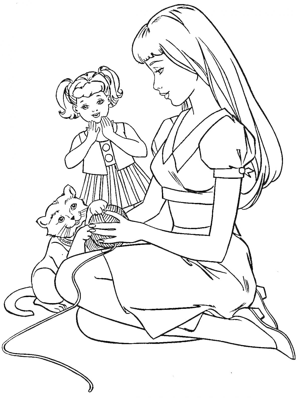 Раскраска Мама с кошкой и девочка, держащая руки у лица