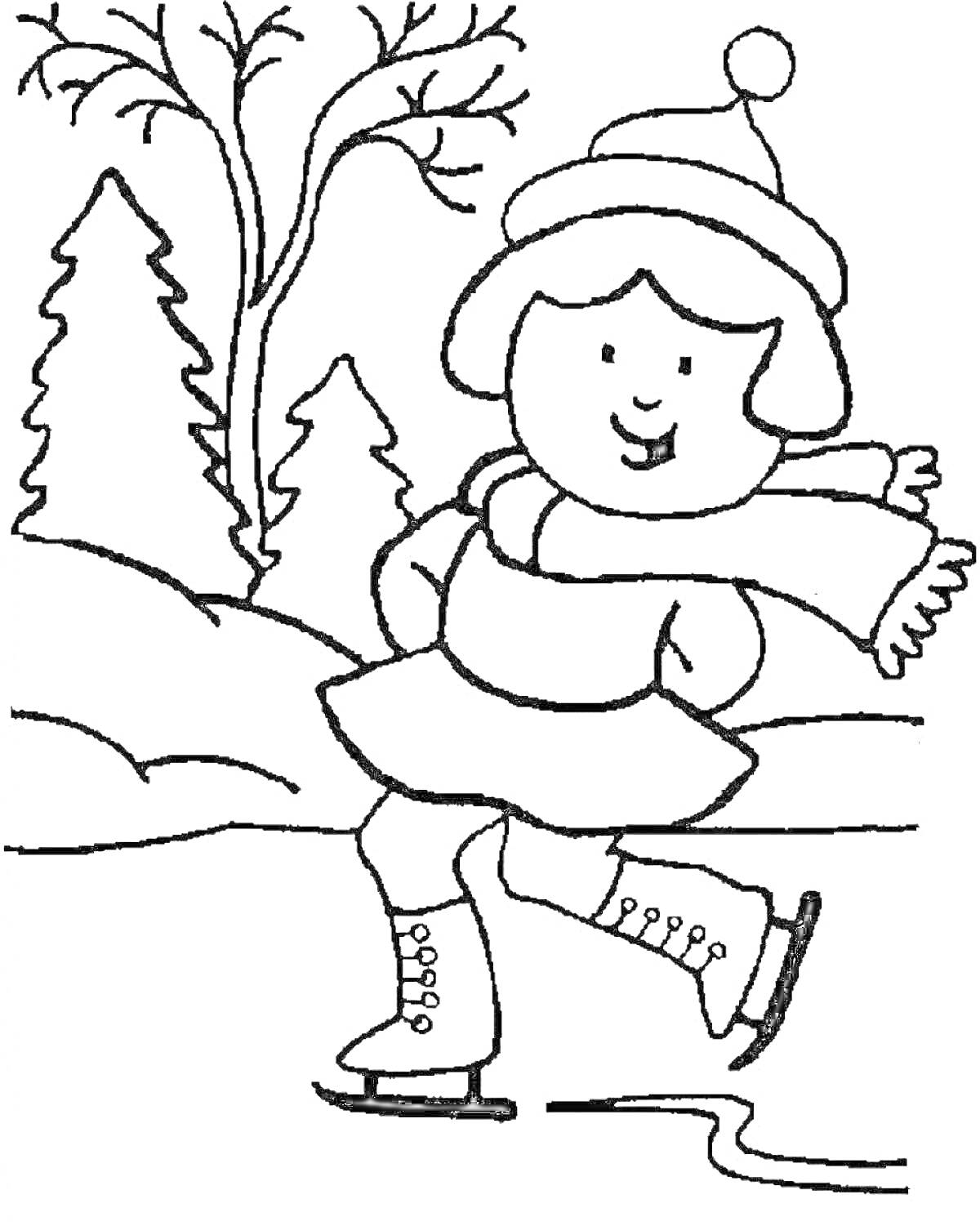 На раскраске изображено: Девочка, Зима, Коньки, Деревья, Снег, Зимние забавы, Катание на коньках, Шапка, Шарф