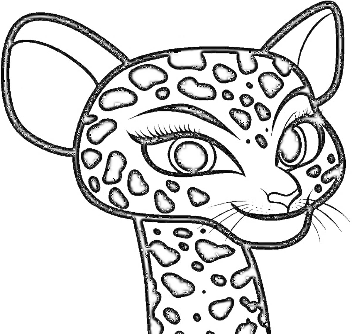 На раскраске изображено: Ягуар, Животное, Голова, Пятна, Большие глаза, Мультяшный стиль