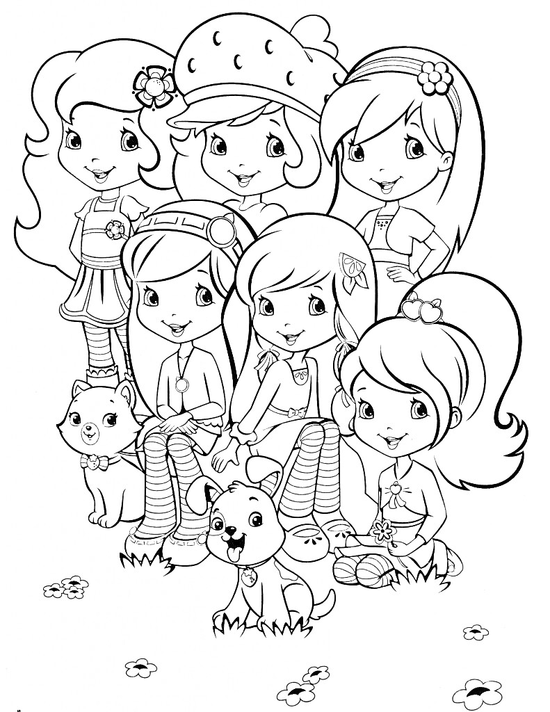Девочки Земляничка, Лимонадна, Апельсинка, Малинка, Черничка и яблочная с двумя питомцами на пикнике
