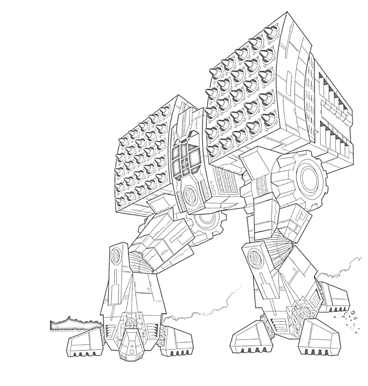 Раскраска боевой мех с массивными ракетными установками на плечах, на фоне видно маленьких людей и следы на поверхности