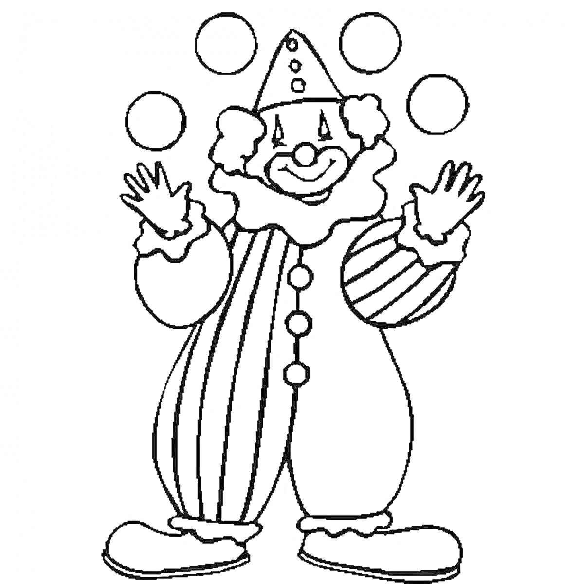 На раскраске изображено: Жонглирование, Мячи, Шляпа, Костюм, Улыбка, Цирк