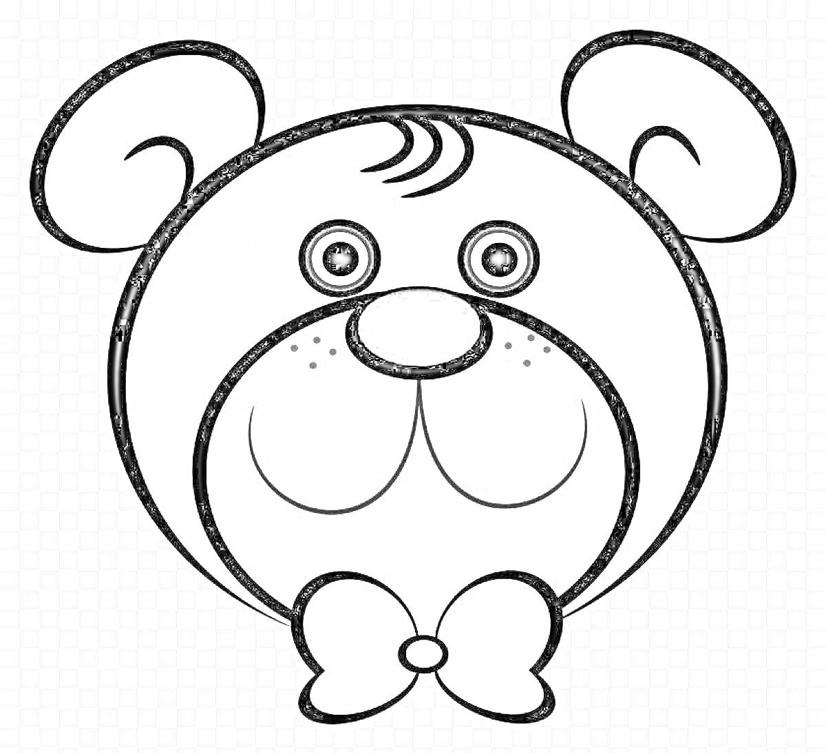 На раскраске изображено: Медведь, Голова, Уши, Глаза, Нос, Рот, Бантик, Животное, Лицо