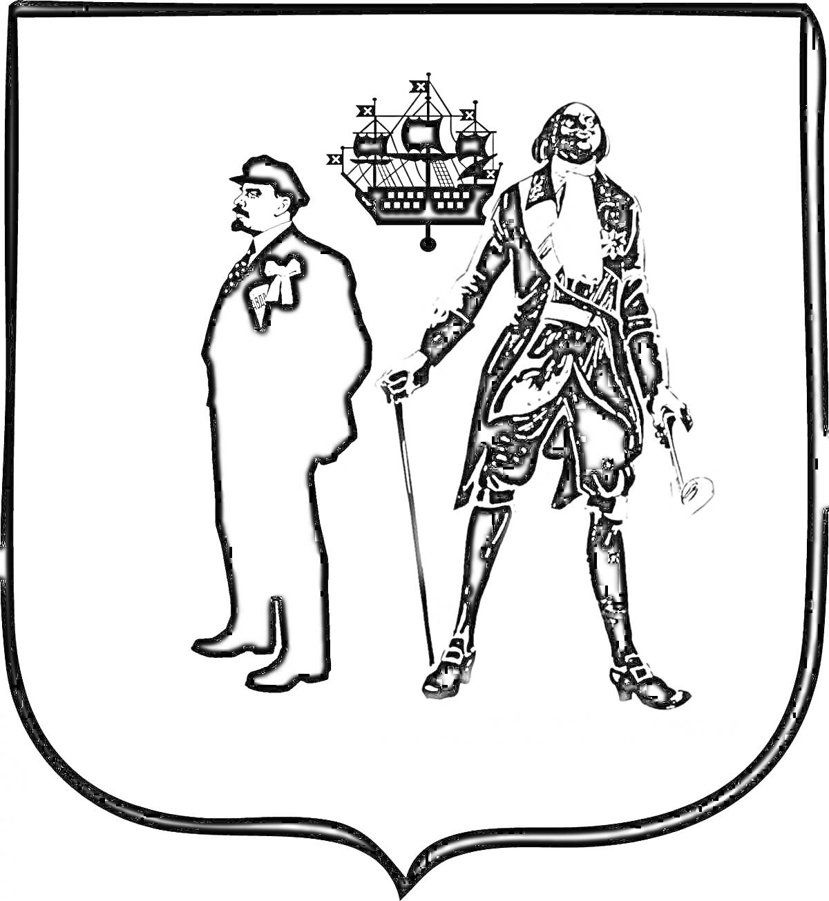 На раскраске изображено: Санкт-Петербург, Фигуры, Мужчина в костюме, Трость, Подзорная труба, Парусное судно, Символика