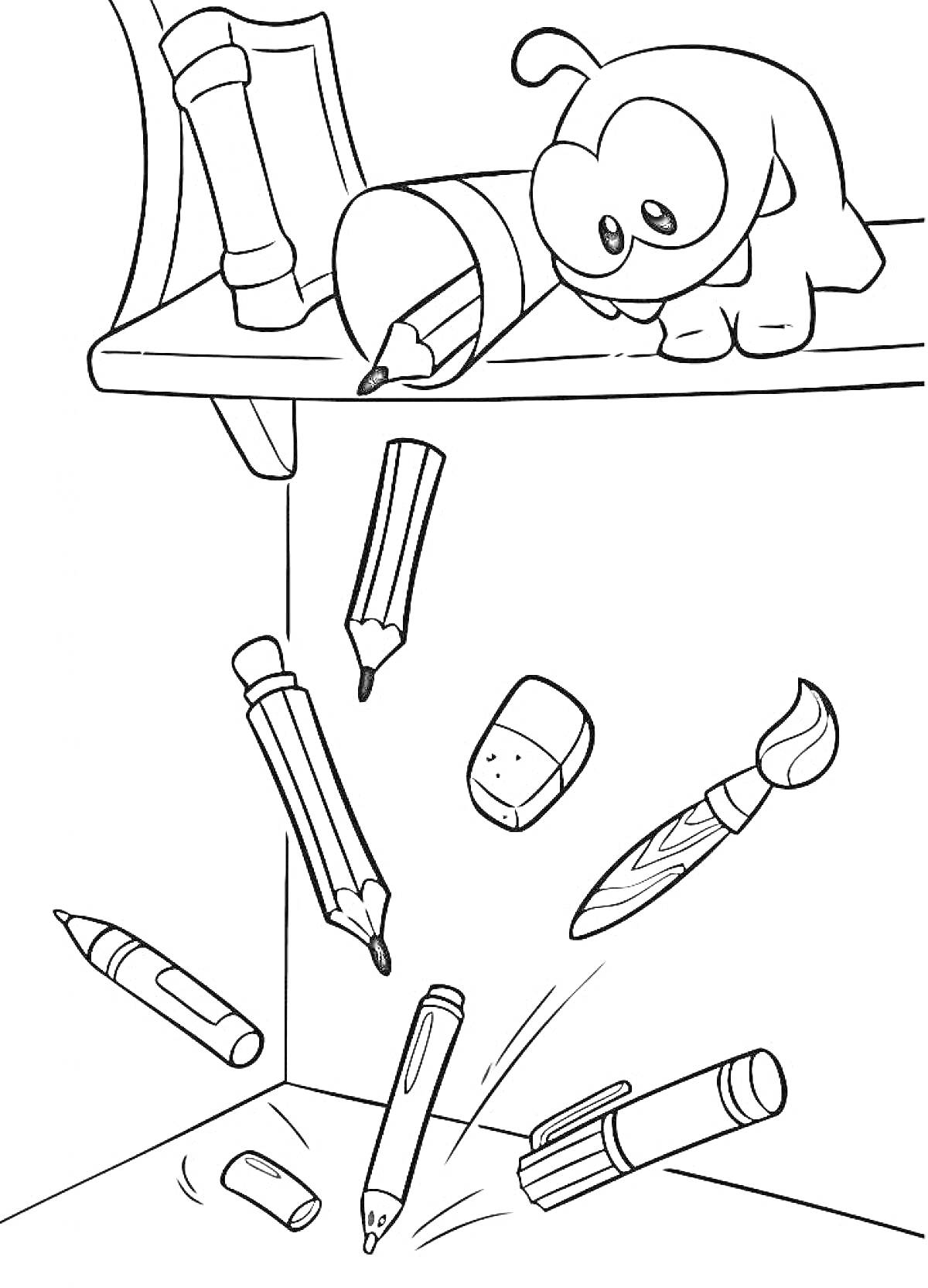 Раскраска Ам Ням на полке со школьными принадлежностями, падающими на пол (карандаши, ластик, кисточка, маркер, ручка, восковой мелок)