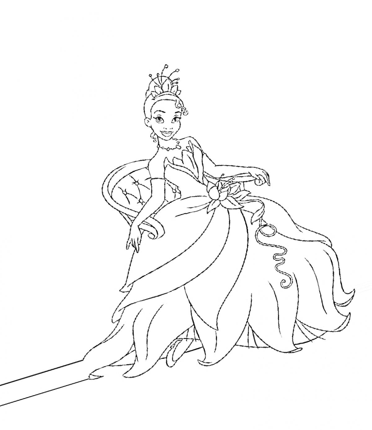 Раскраска Принцесса в кресле с цветком на платье